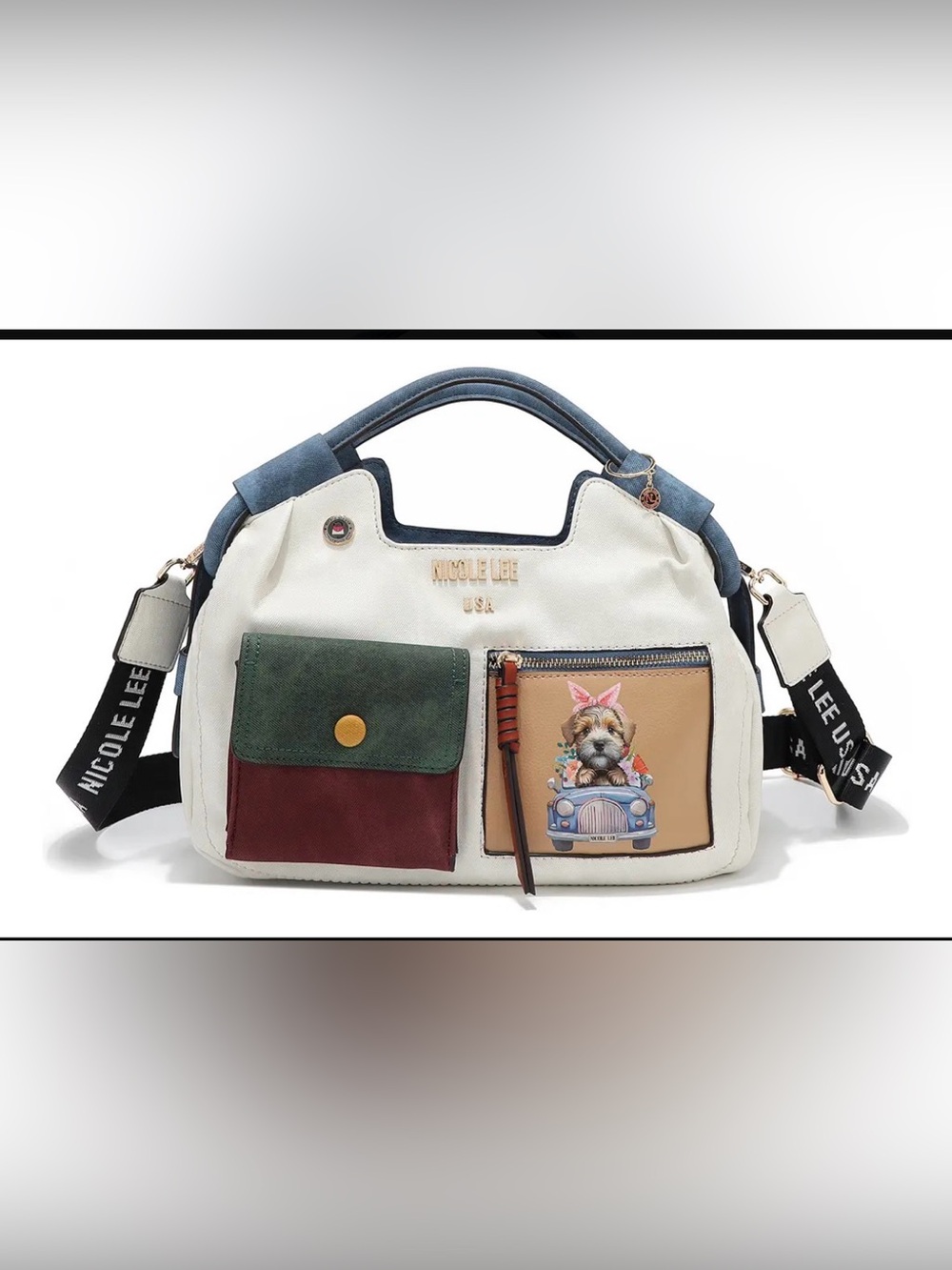 Nicole Lee Cream Satchel with Blue Handles, Green & Burgundy Pocket